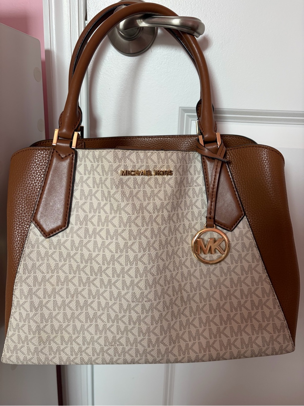Michael Kors Brown and Beige Signature Satchel with Gold Hardware